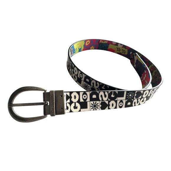 Desigual Reversible Belt Black White Geometric Print & Multicolor Floral Size 36 - Picture 2 of 6